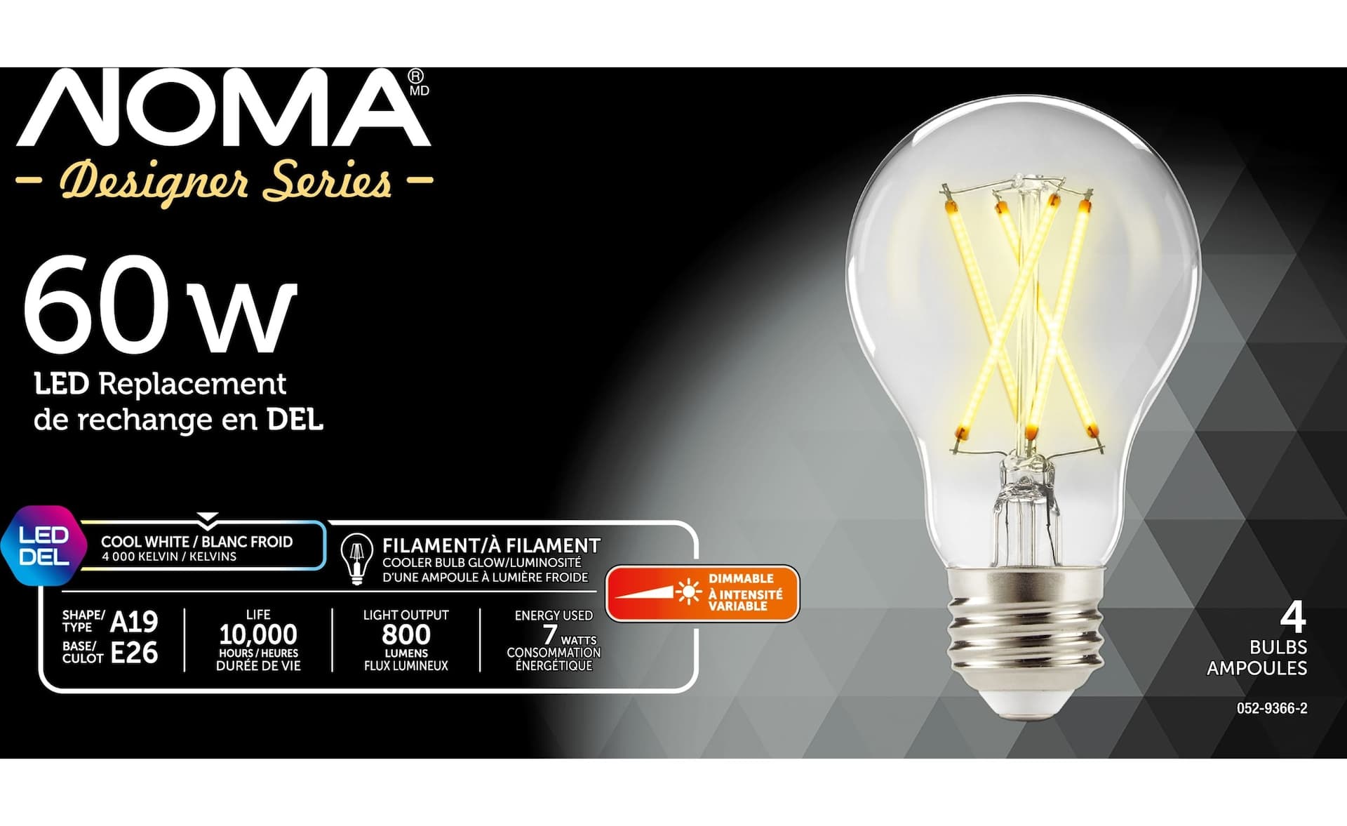 NOMA A19 E26 Base Dimmable LED Filament Light Bulbs, 800 Lumens, Cool White, 60W, 4-pk