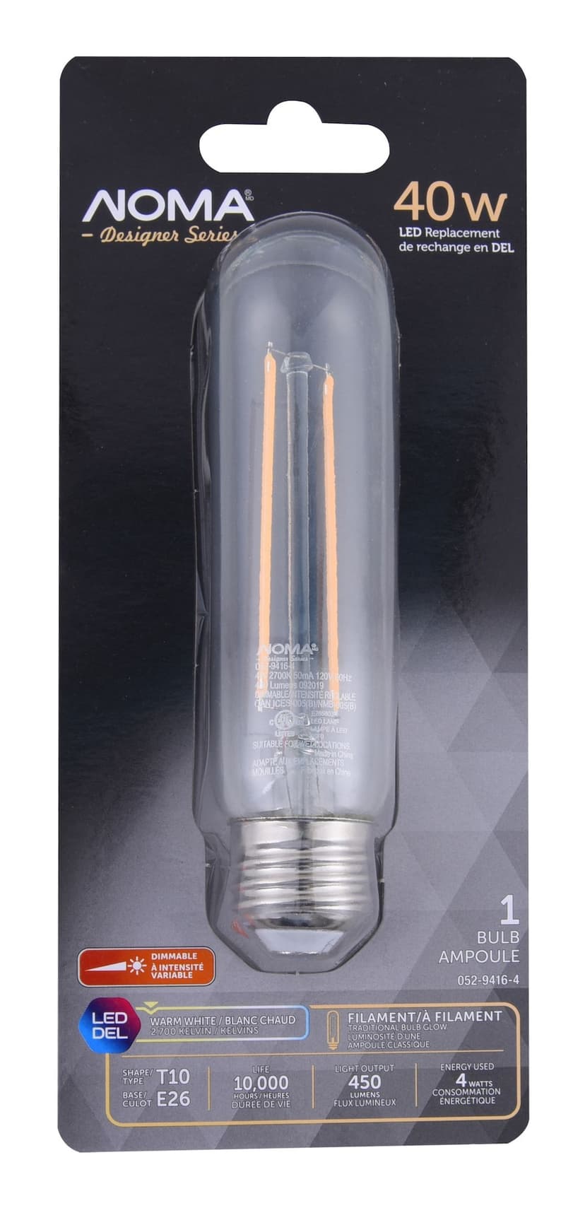 NOMA T10 E26 Base Dimmable LED Filament Light Bulb, 450 Lumens, Warm White, 40W