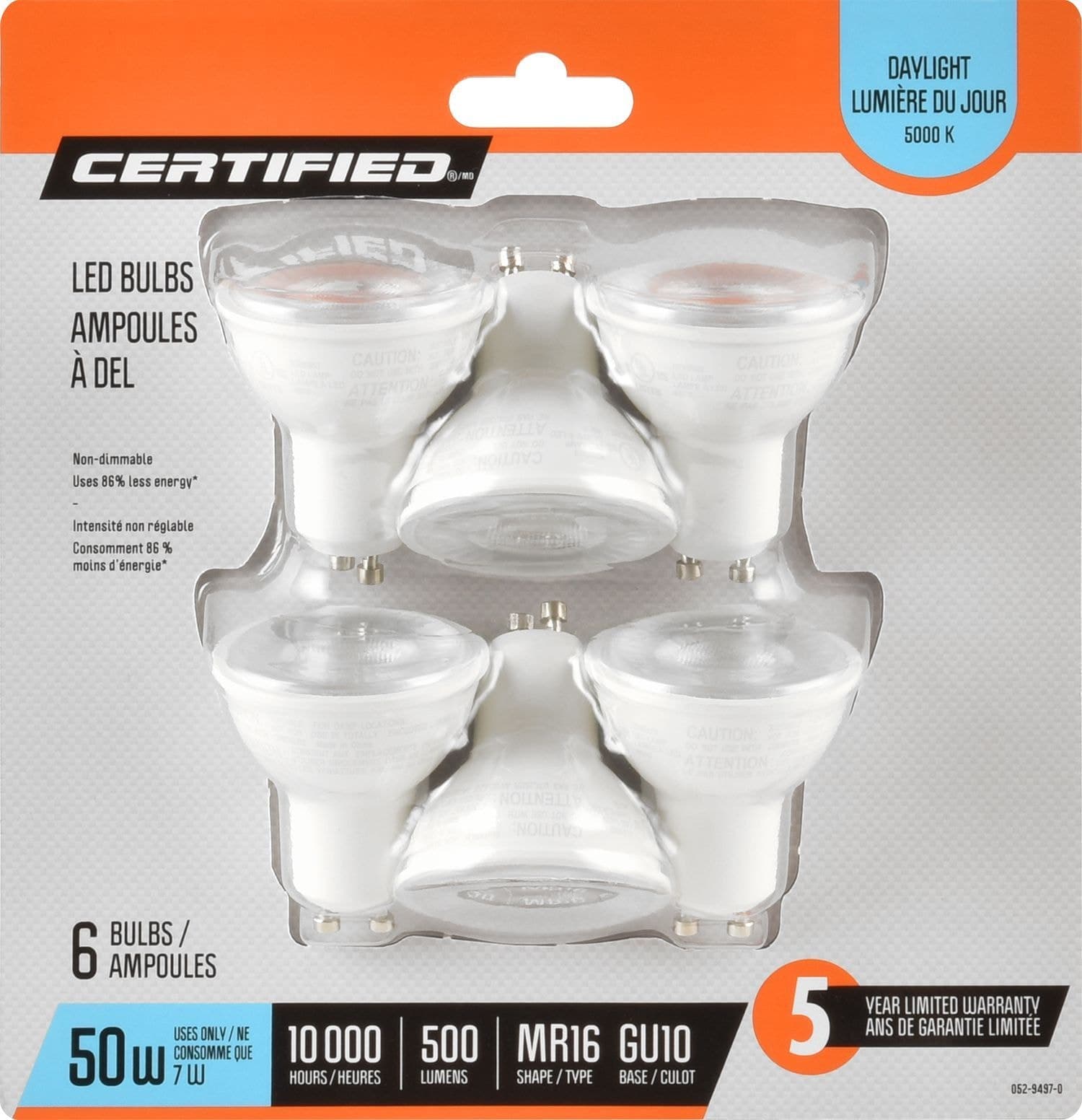 Certified PAR16 GU10 10,000 Hours LED Bulbs/Flood Light, Non-Dimmable, Daylight (5000K), 50W, 6-pk