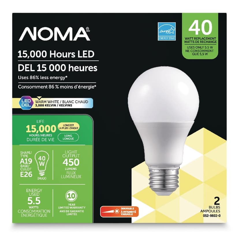 NOMA A19 E26 Base Indoor Dimmable LED Light Bulbs, 3000K, 450 Lumens, Warm White, 40W, 2-pk