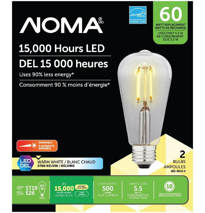 NOMA ST19 E26 Base Dimmable LED Filament Light Bulbs, 500 Lumens, Warm White, 60W, 2-pk