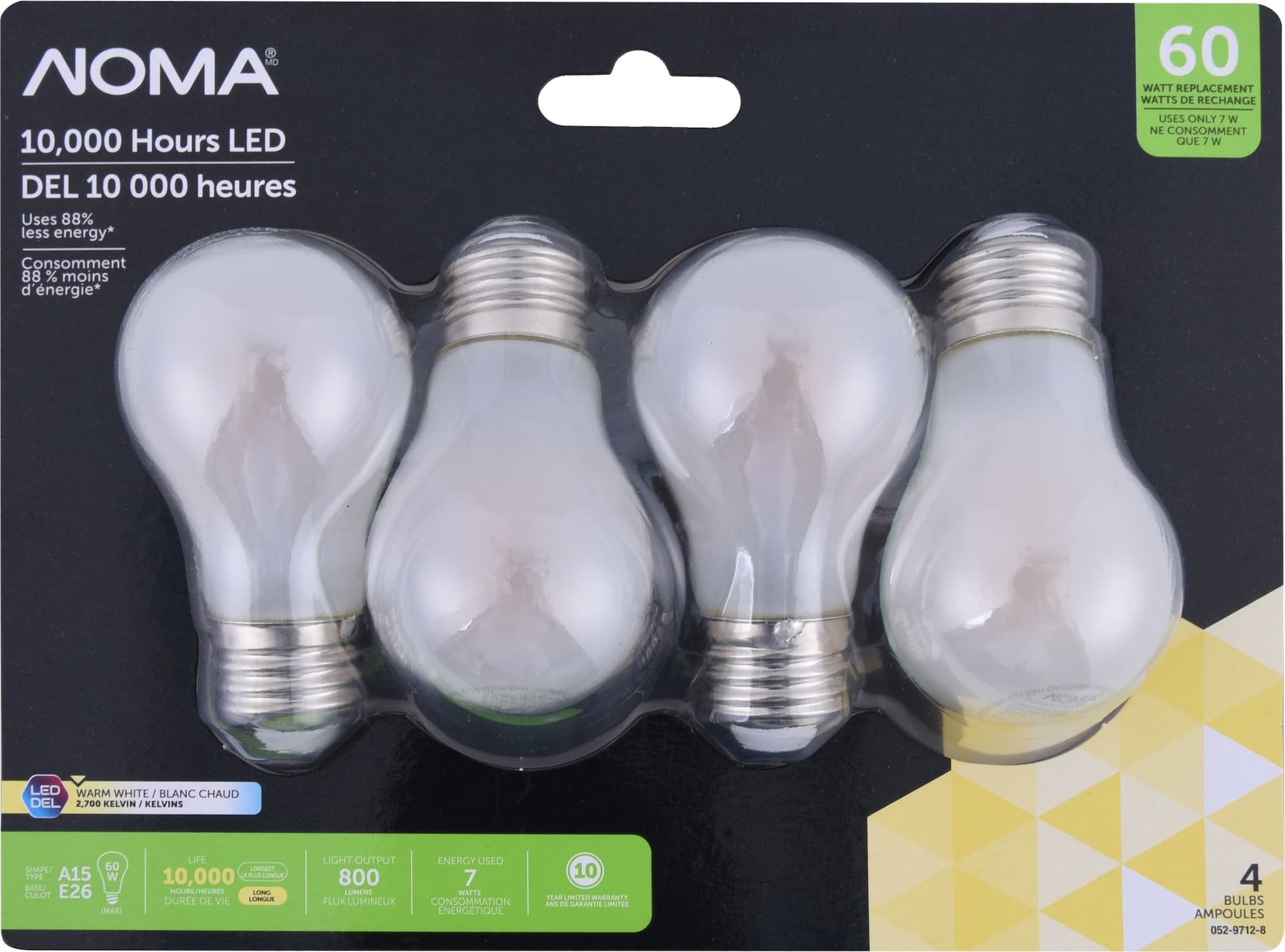 NOMA A15 E26, Non-Dimmable LED Light Bulbs, 2700K, 800 Lumens, Warm White, 60W