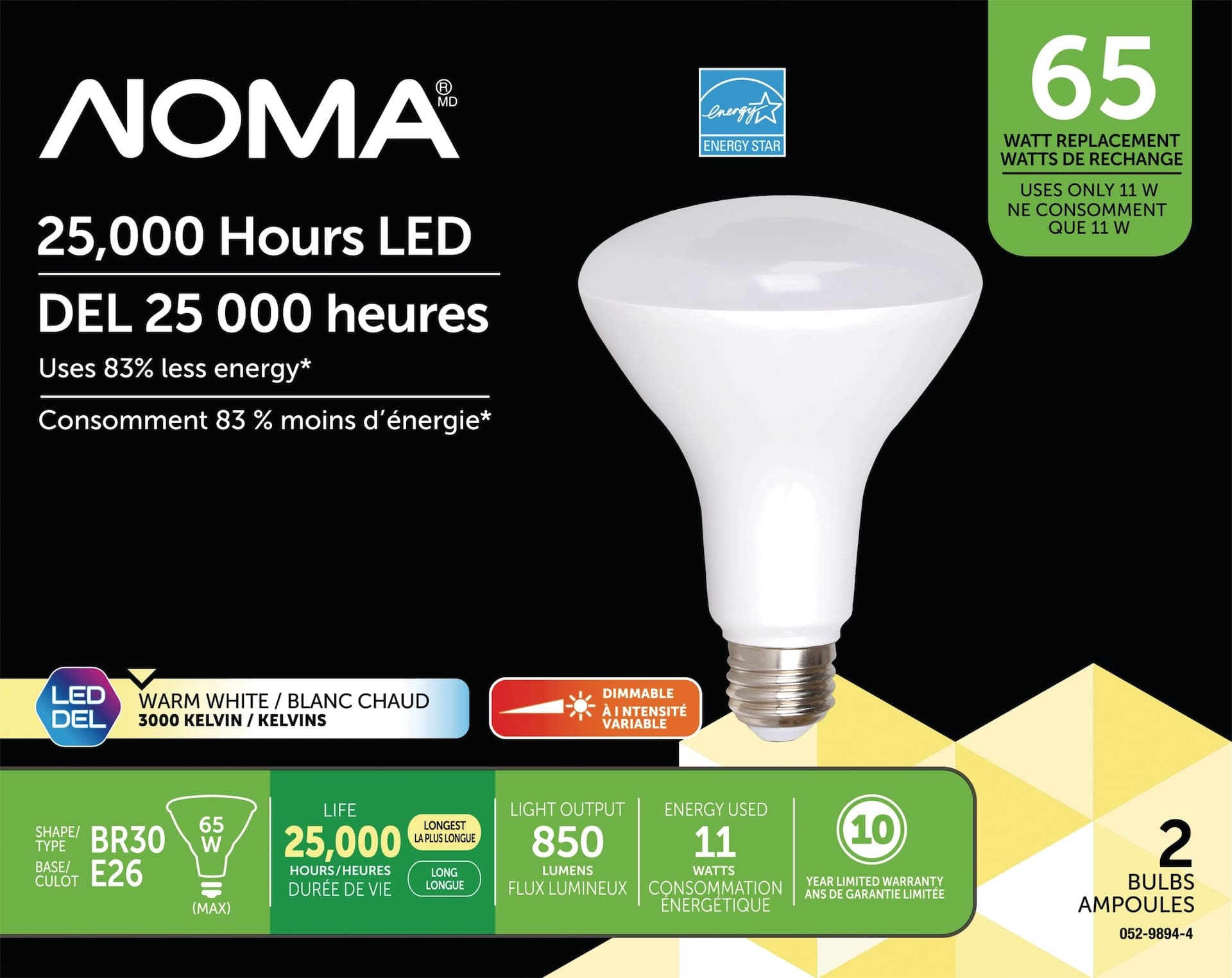 NOMA BR30 E26 Base Dimmable LED Light Bulbs, 3000K, 850 Lumens, Warm White, 65W, 2-pk