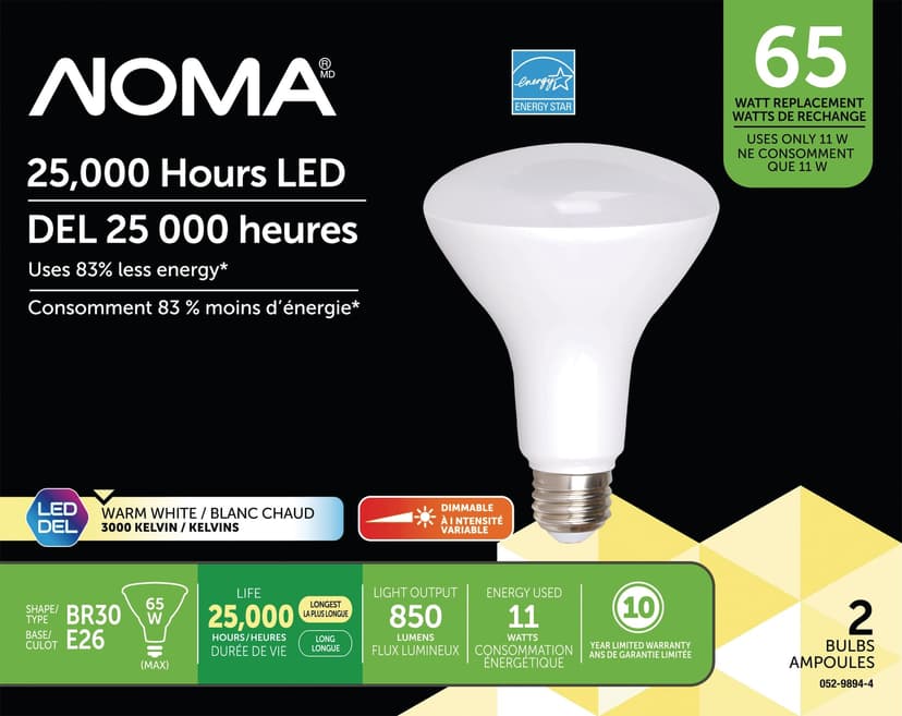NOMA BR30 E26 Base Dimmable LED Light Bulbs, 3000K, 850 Lumens, Warm White, 65W, 2-pk