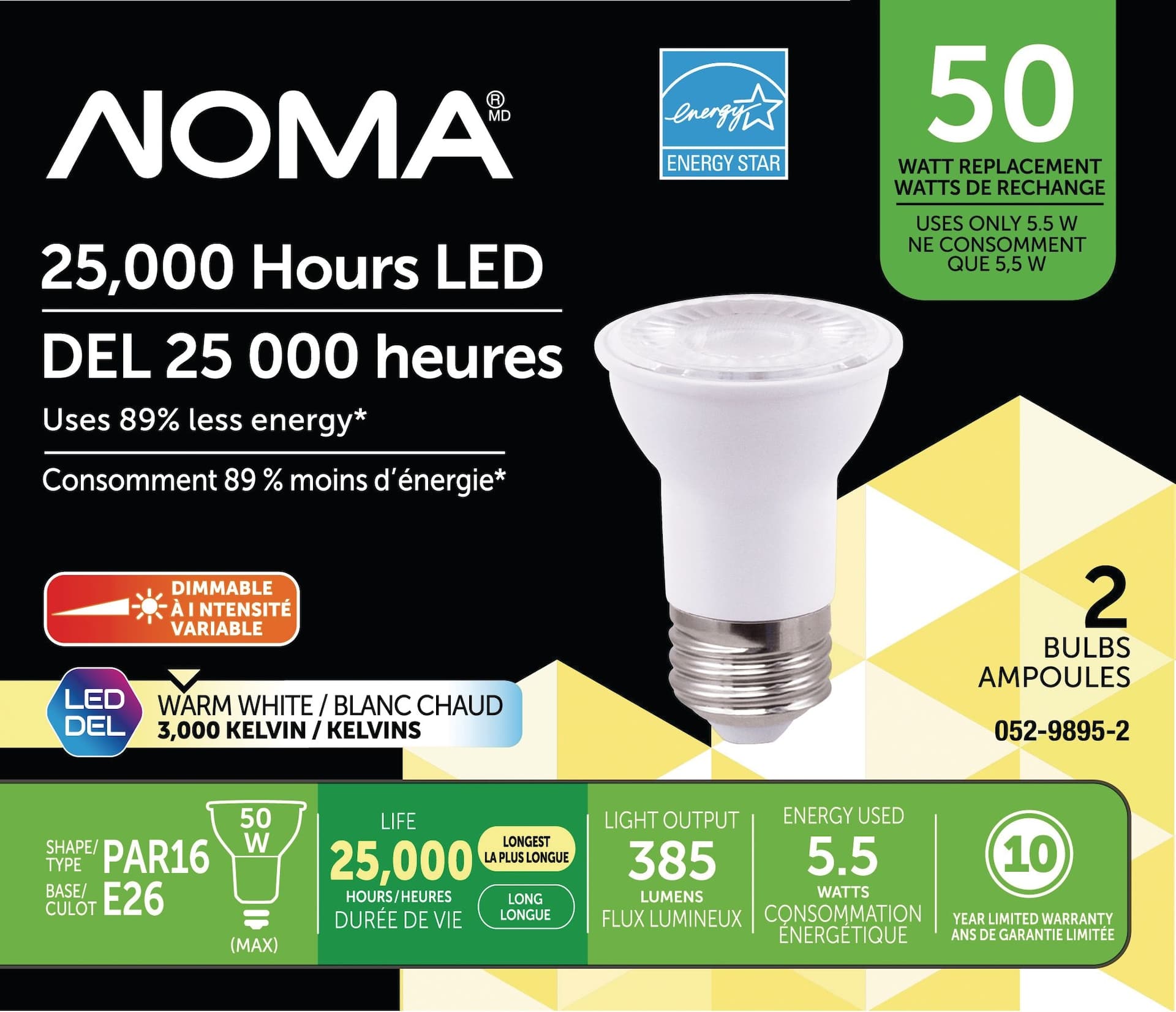NOMA PAR16 E26 Base Dimmable LED Flood Light Bulbs, 3000K, 385 Lumens, Warm White, 50W, 2-pk