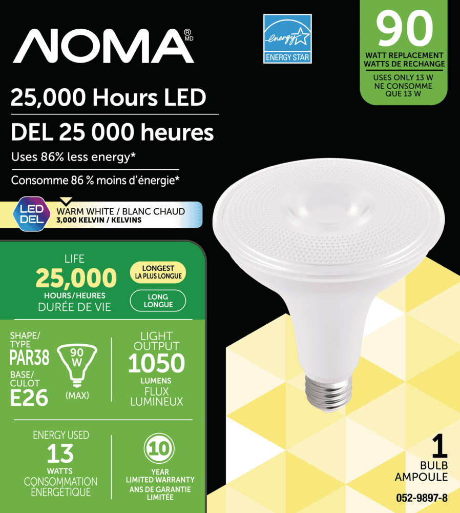 NOMA PAR38 E26 Base Non-Dimmable LED Flood Light Bulb, 3000K, 1050 Lumens, Warm White, 90W