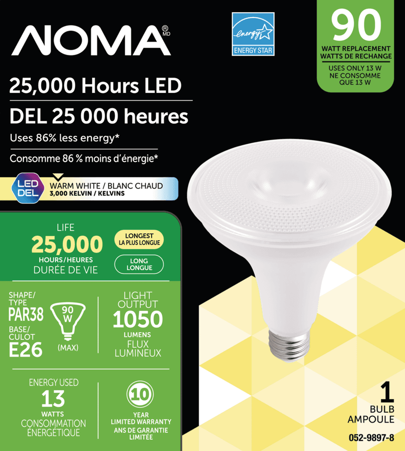 NOMA PAR38 E26 Base Non-Dimmable LED Flood Light Bulb, 3000K, 1050 Lumens, Warm White, 90W