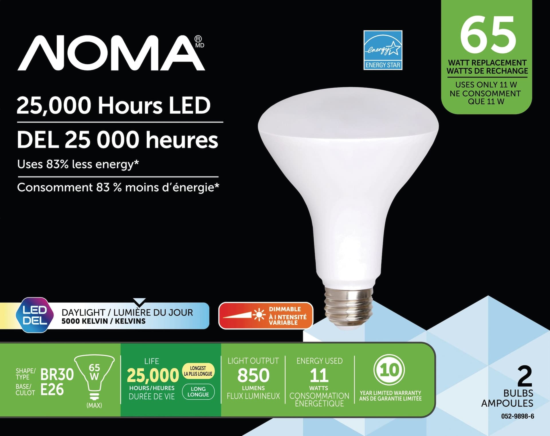 NOMA BR30 E26 Base Dimmable LED Light Bulbs, 5000K, 850 Lumens, Daylight, 65W, 2-pk