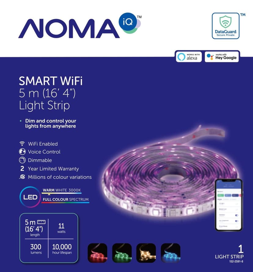 NOMA iQ™ Smart Wi-Fi Dimmable LED Light Strip, 300 Lumens, Warm White/Full Colour, 5m
