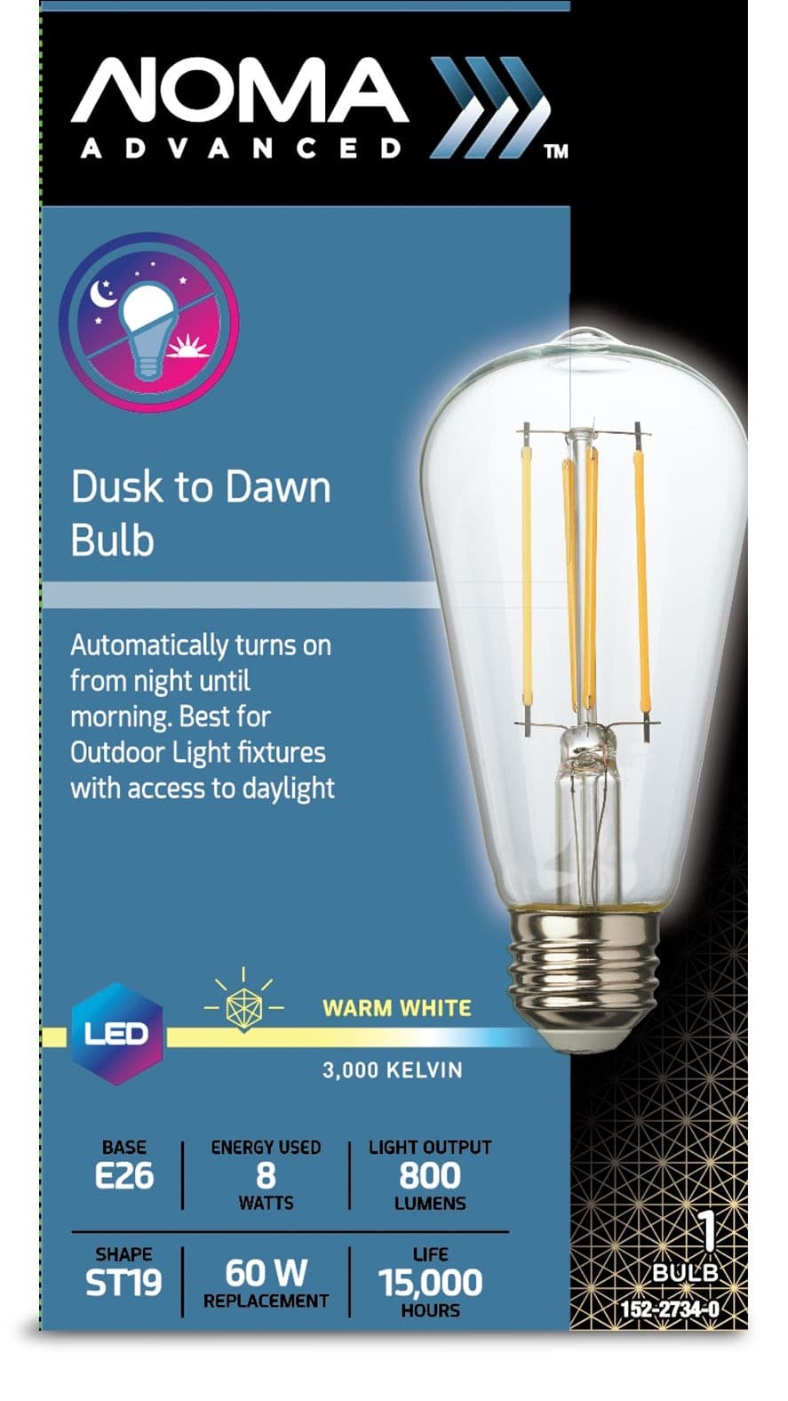 NOMA ST19 E26 Base Household Non-Dimmable Dusk to Dawn LED Light Bulb, 3000K, 800 Lumens, Warm White, 60W