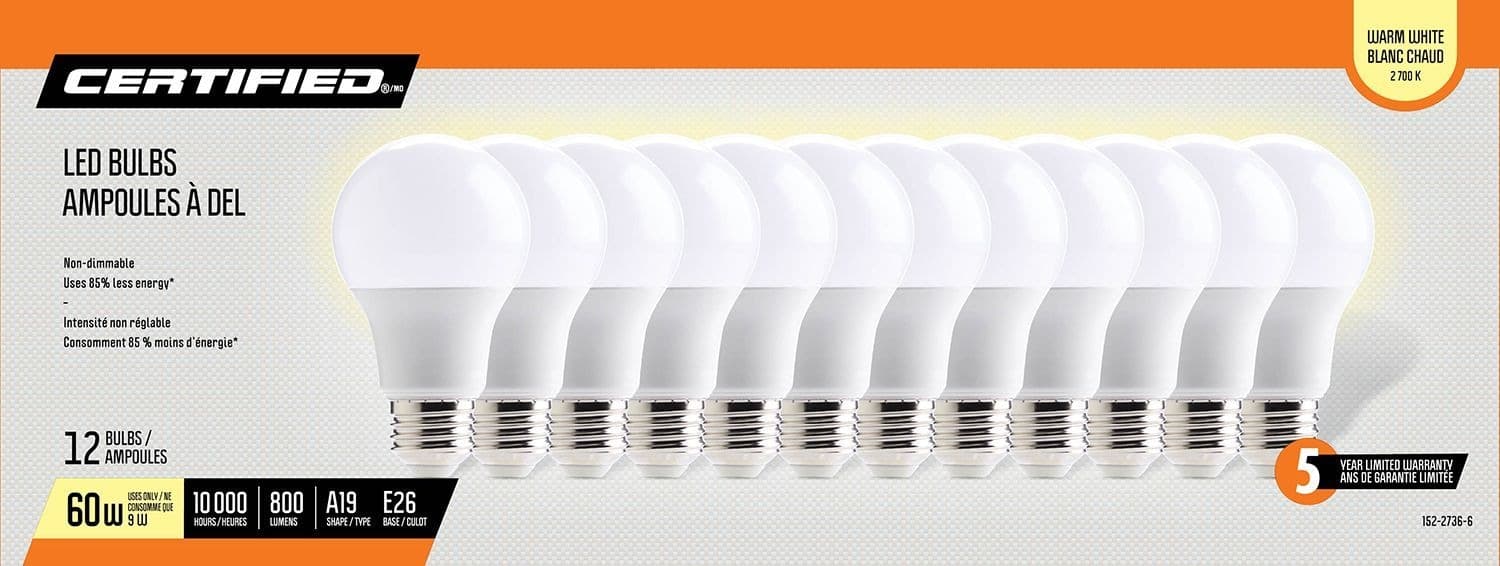Certified A19 E26 Base Household Non-Dimmable LED Light Bulbs, 2700K, 800 Lumens, Warm White, 60W, 12-pk