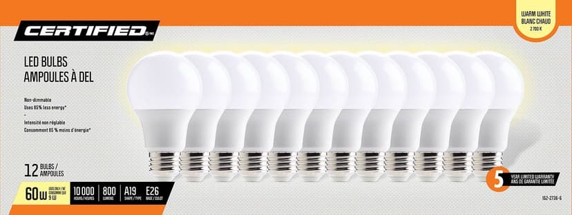 Certified A19 E26 Base Household Non-Dimmable LED Light Bulbs, 2700K, 800 Lumens, Warm White, 60W, 12-pk