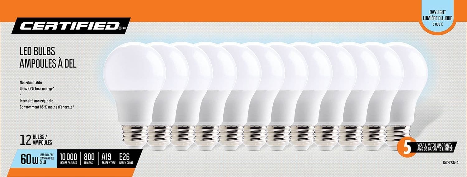 Certified A19 E26 Base Household Non-Dimmable LED Light Bulbs, 5000K, 800 Lumens, Daylight, 60W, 12-pk