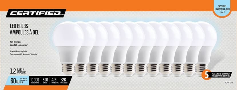 Certified A19 E26 Base Household Non-Dimmable LED Light Bulbs, 5000K, 800 Lumens, Daylight, 60W, 12-pk