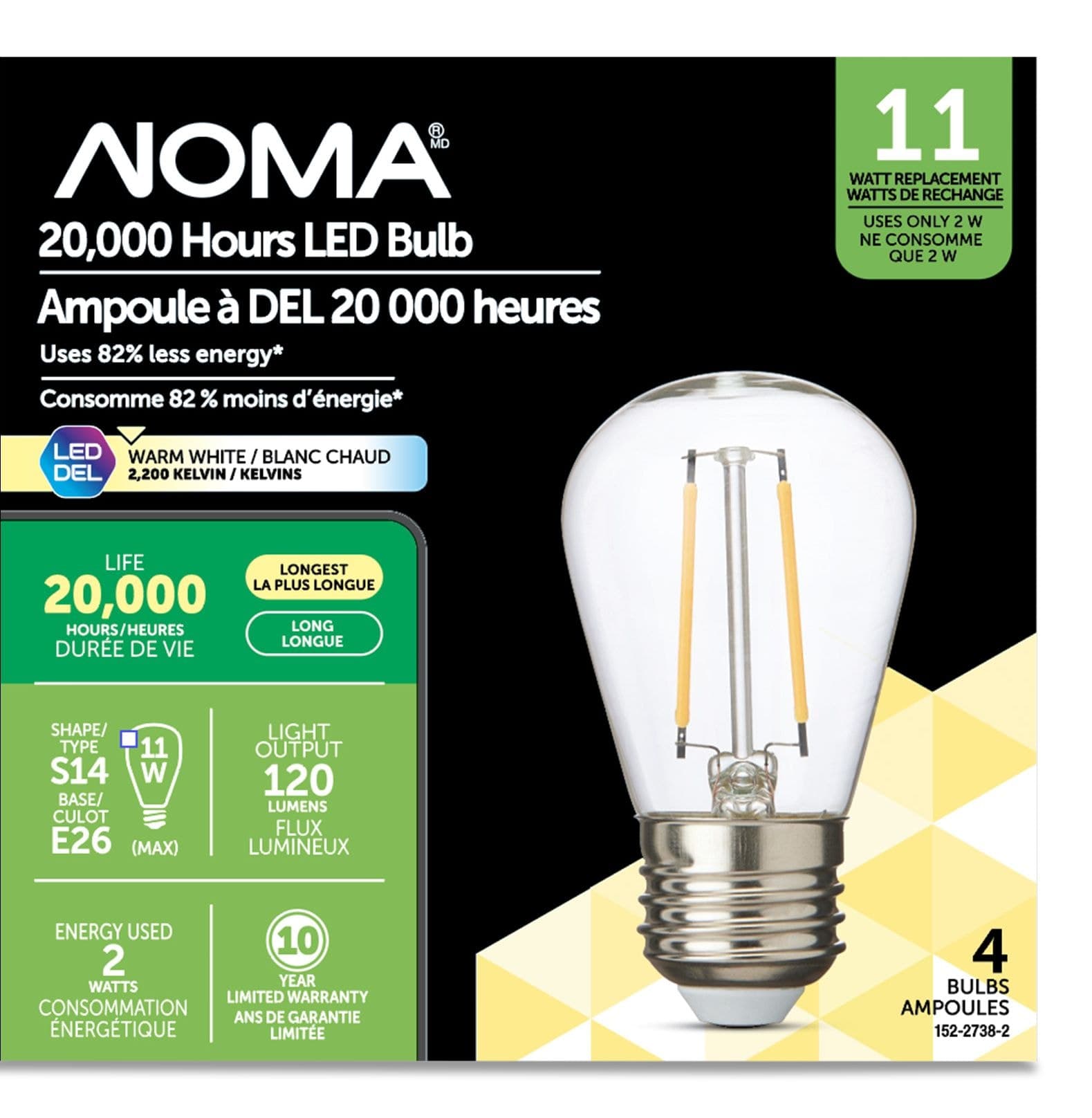 NOMA S14 E26 Base Household Non-Dimmable LED Light Bulbs, 2200K, 120 Lumens, Warm White, 11W, 4-pk