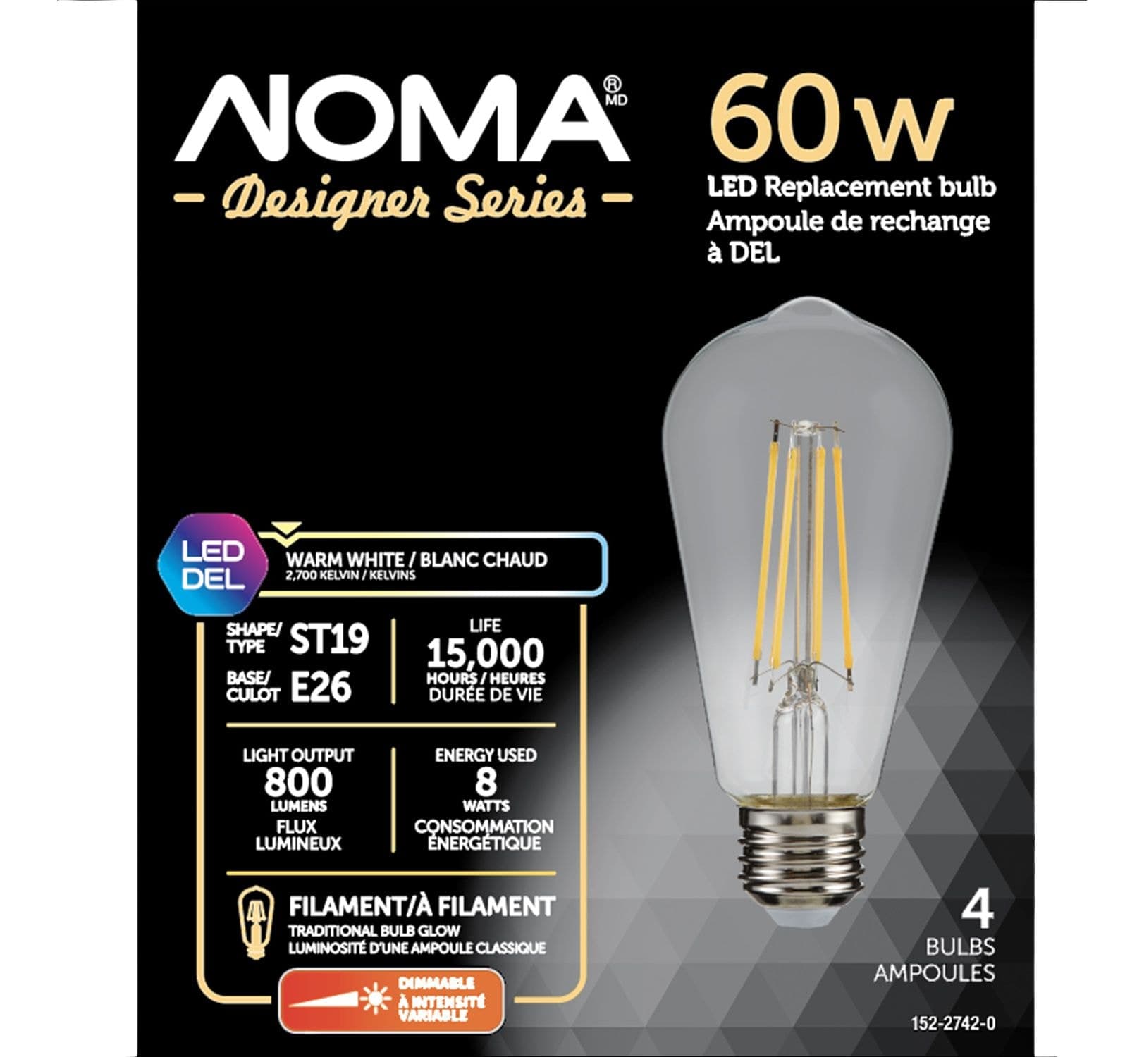 NOMA ST19 E26 Base Vintage Dimmable Clear LED Filament Light Bulb, 2700K, 800 Lumens, Warm White, 60W, 4-pk