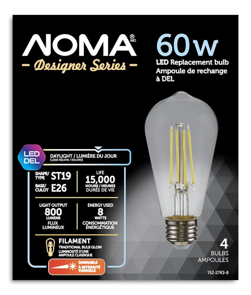 NOMA ST19 E26 Base Vintage Dimmable Clear LED Filament Light Bulb, 5000K, 800 Lumens, Daylight, 60W, 4-pk