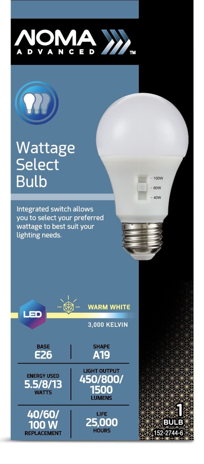 NOMA A19 LED Wattage Select Light Bulb, 3-Way Wattages 40W/60W/100W
