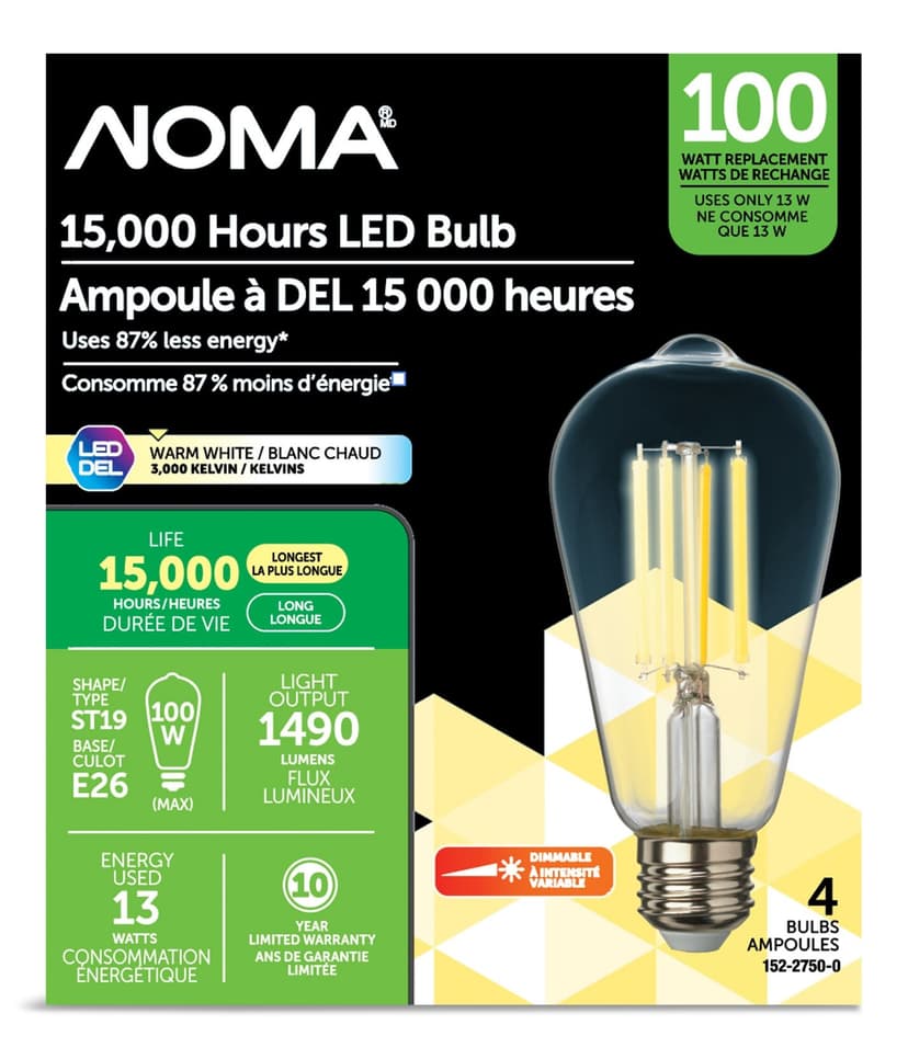 NOMA ST19 E26 Base Vintage Dimmable Clear LED Filament Light Bulbs, 3000K, 1490 Lumens, Warm White, 100W, 4-pk