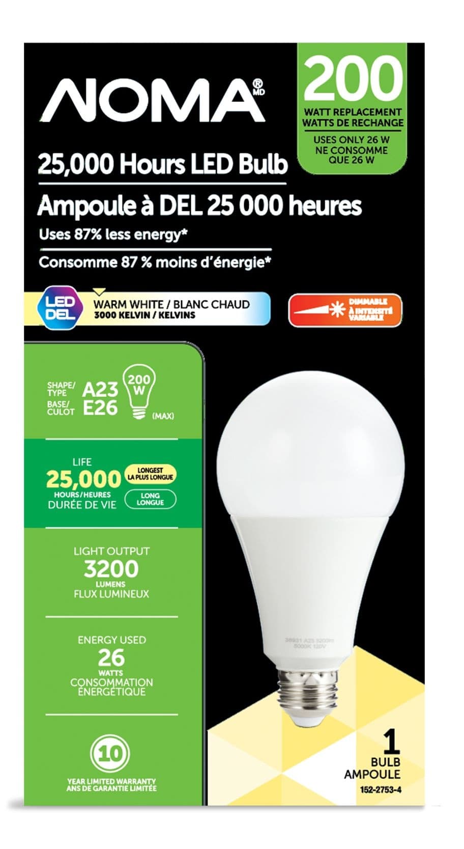 NOMA A23 E26 Dimmable LED Light Bulb, 3000K Warm White, 3200 Lumens, 200W