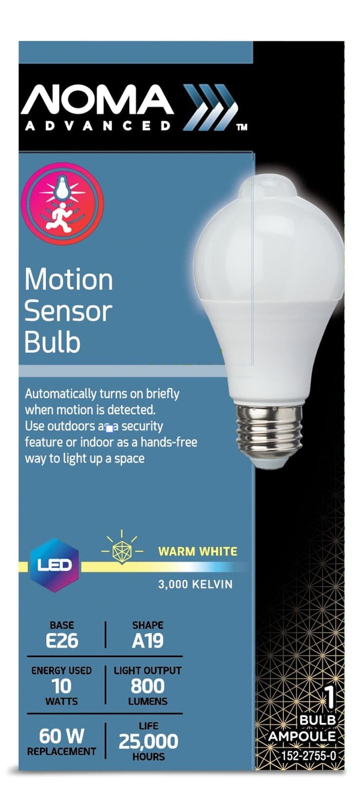 NOMA A19 E26 Base Non-Dimmable Motion Sensor Light Bulb, Warm White, 60W