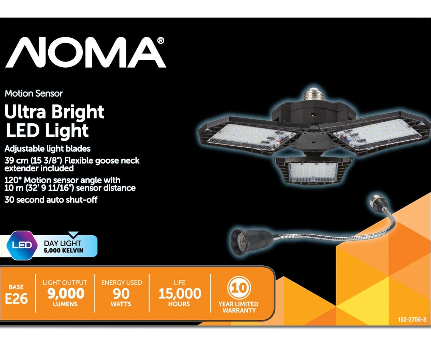 NOMA Non-Dimmable LED Motion Sensor Garage Light with E26 Goose Neck Extender, Daylight, 75W