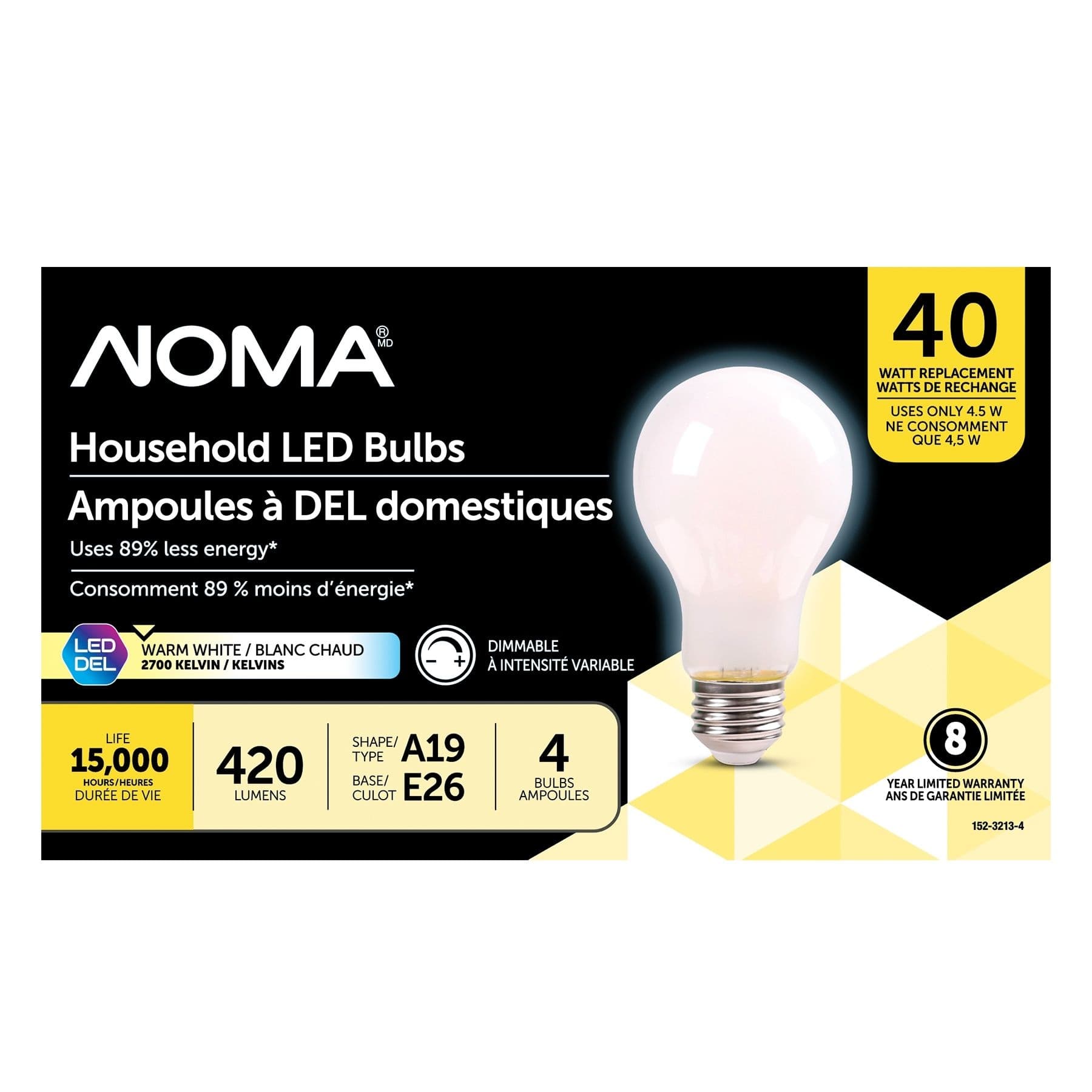 NOMA A19 E26 Base Dimmable LED Frosted Glass Filament Light Bulbs, 2700K, Warm White, 40W, 4-pk