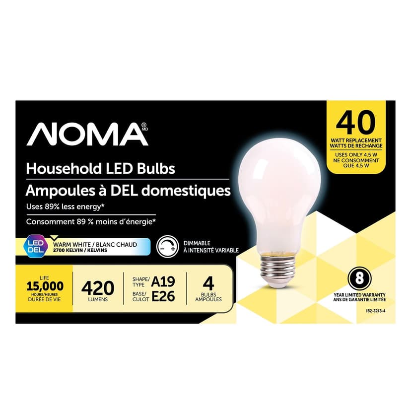 NOMA A19 E26 Base Dimmable LED Frosted Glass Filament Light Bulbs, 2700K, Warm White, 40W, 4-pk