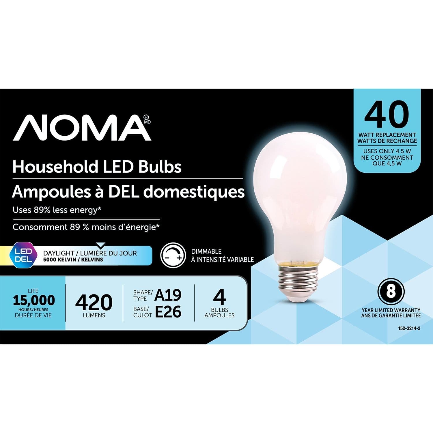 NOMA A19 E26 Base Dimmable Household Frosted Glass LED Filament Light Bulbs, 420 Lumens, 5000K, Daylight, 40W, 4-pk