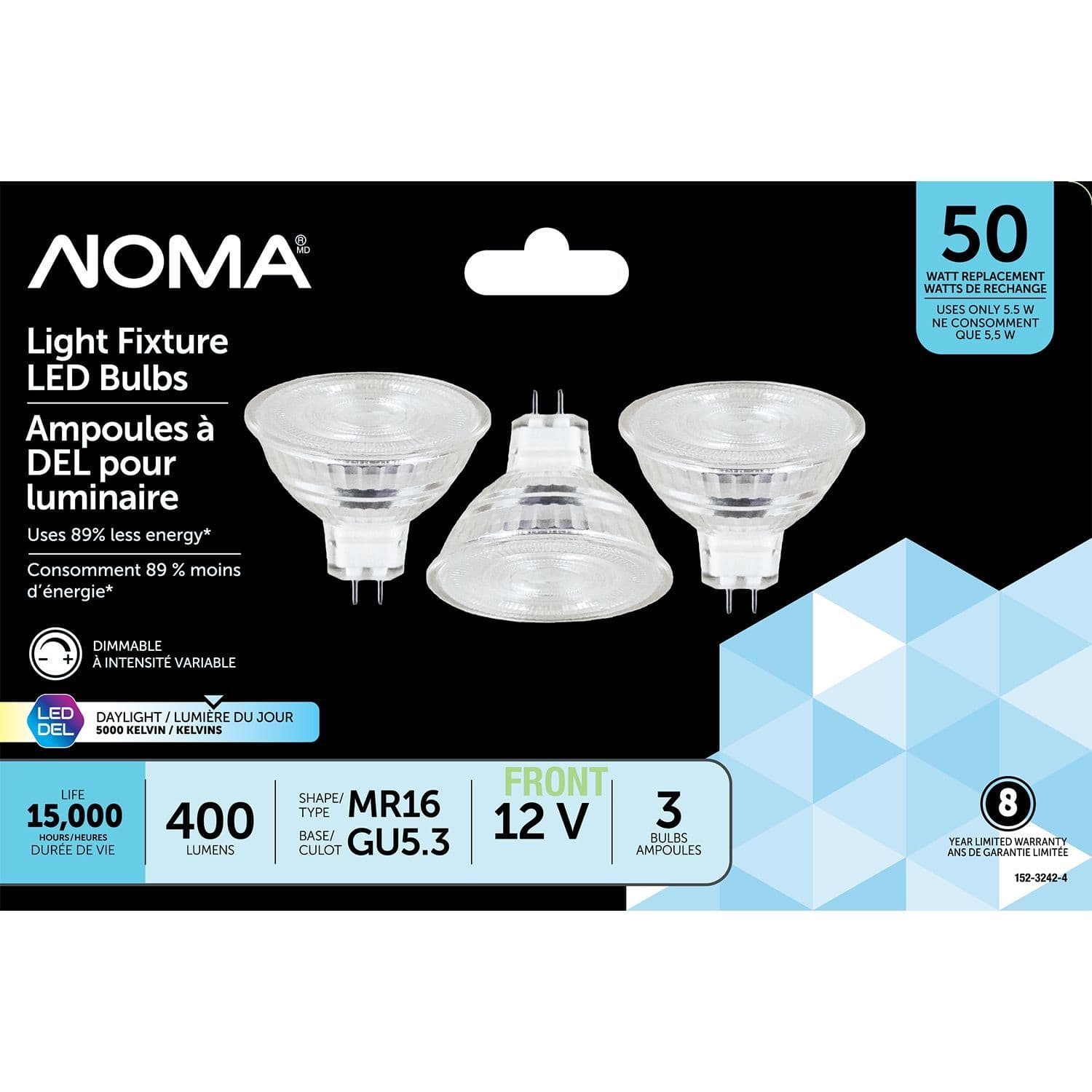 NOMA 400 Lumens/50W/5000K Daylight MR16 GU5.3 Dimmable LED Light Bulbs, 3-pk