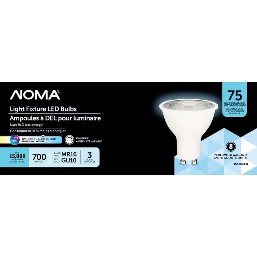NOMA 700 Lumens/75W/5000K Daylight MR16 GU10 Dimmable LED Light Fixture Bulbs, 3-pk