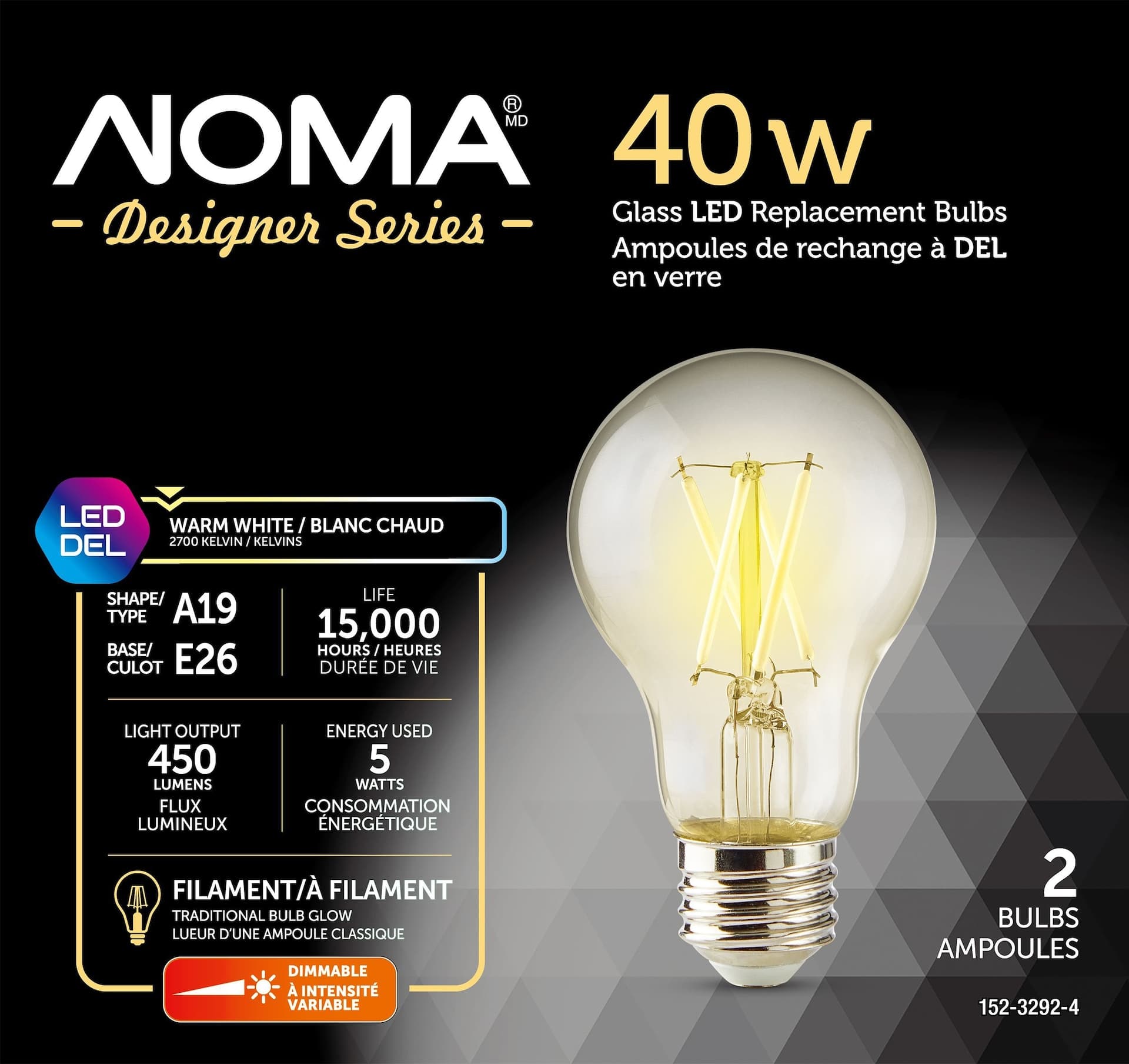 NOMA Designer Series 450 Lumens/40W/Warm White A19 E26 Dimmable LED Filament Light Bulb, 2-pk