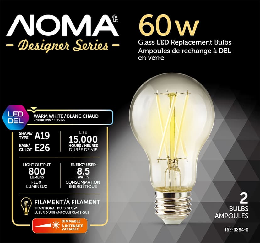 NOMA Designer Series 800 Lumens/60W/Warm White A19 E26 Dimmable LED Filament Light Bulb, 2-pk