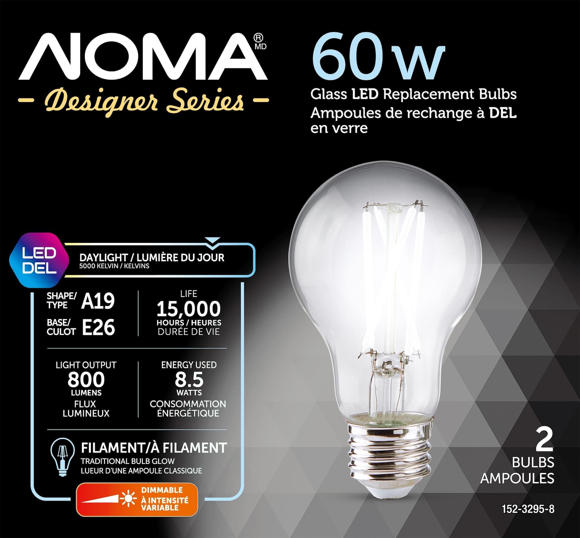 NOMA Designer Series 800 Lumens/60W/Daylight A19 E26 Dimmable LED Filament Light Bulb, 2-pk