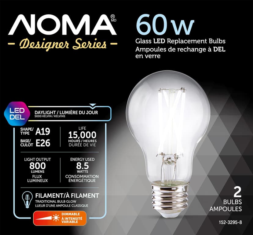 NOMA Designer Series 800 Lumens/60W/Daylight A19 E26 Dimmable LED Filament Light Bulb, 2-pk