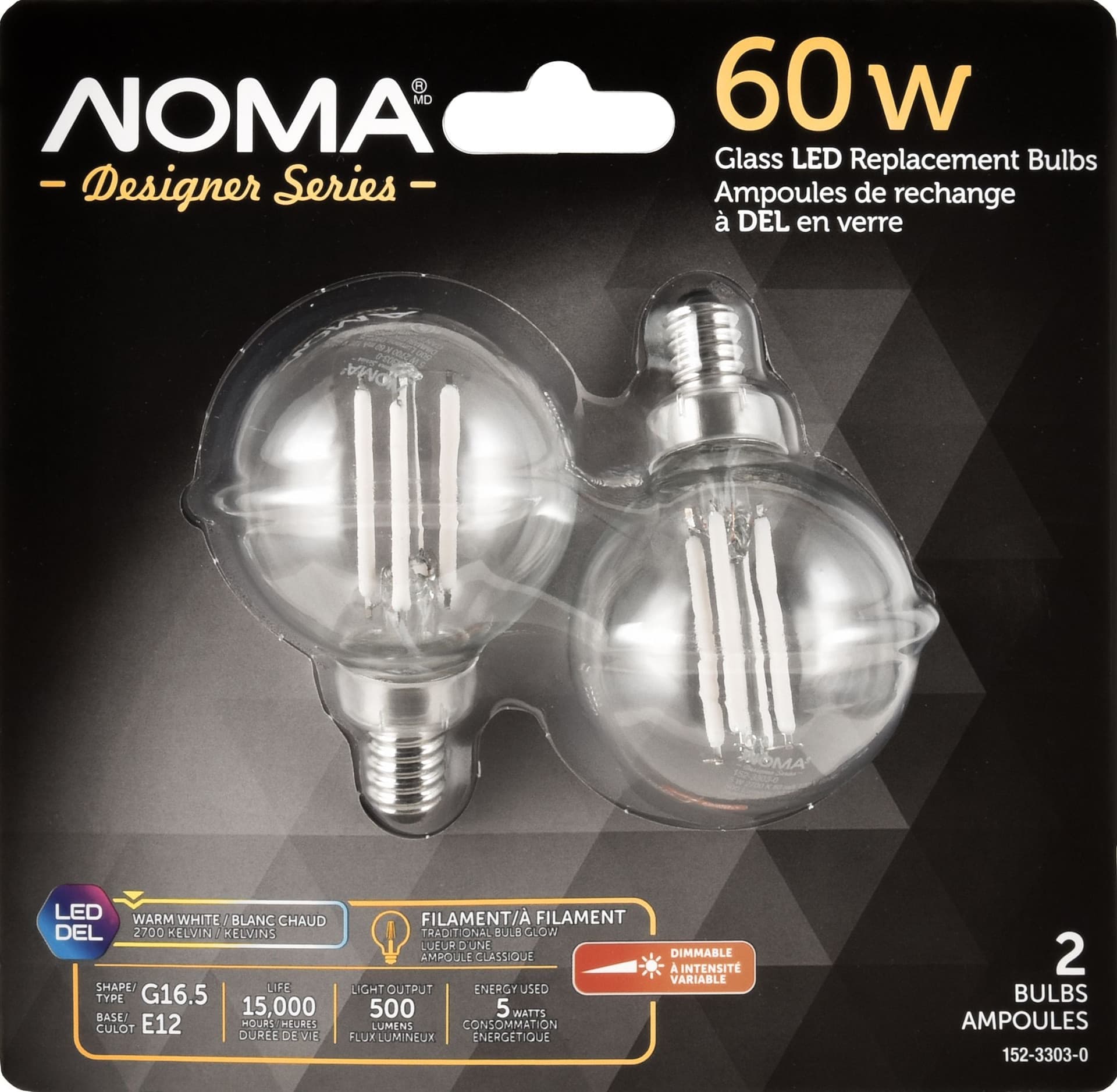 NOMA Designer Series 500 Lumens/60W/Warm White G16.5 E12 Dimmable LED Filament Light Bulb, 2-pk