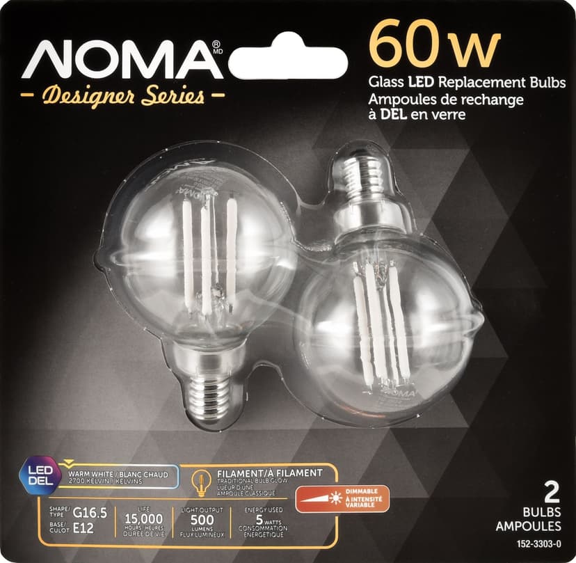 NOMA Designer Series 500 Lumens/60W/Warm White G16.5 E12 Dimmable LED Filament Light Bulb, 2-pk