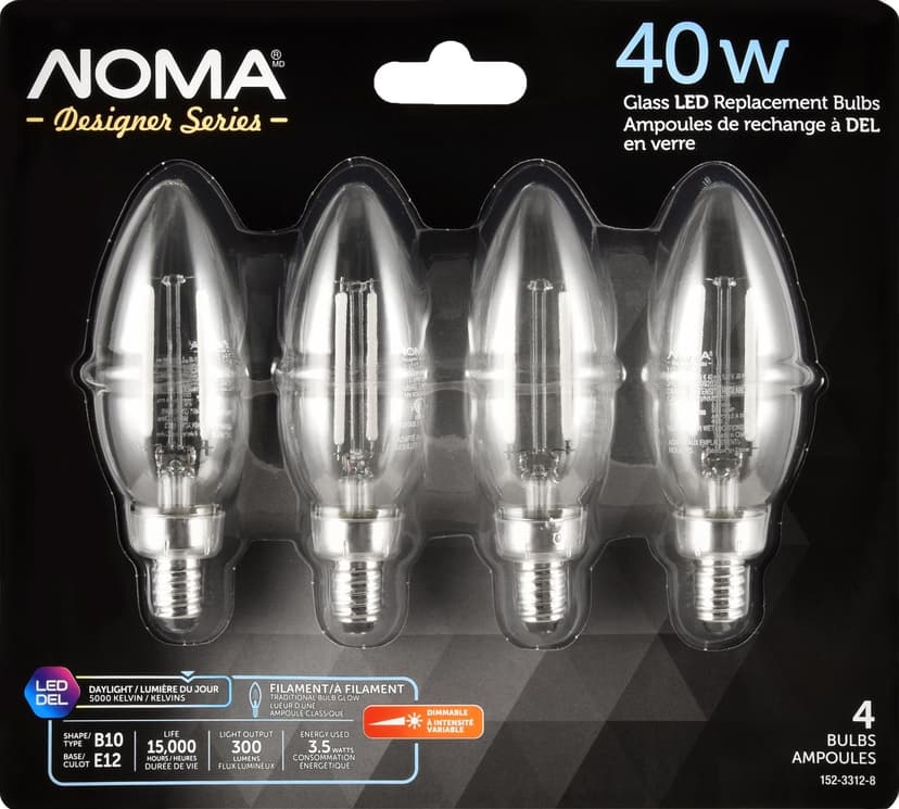 NOMA Designer Series 300 Lumens/40W/5000K Daylight B10 E12 Dimmable Glass LED Light Bulb with Blunt Tip, 4-pk