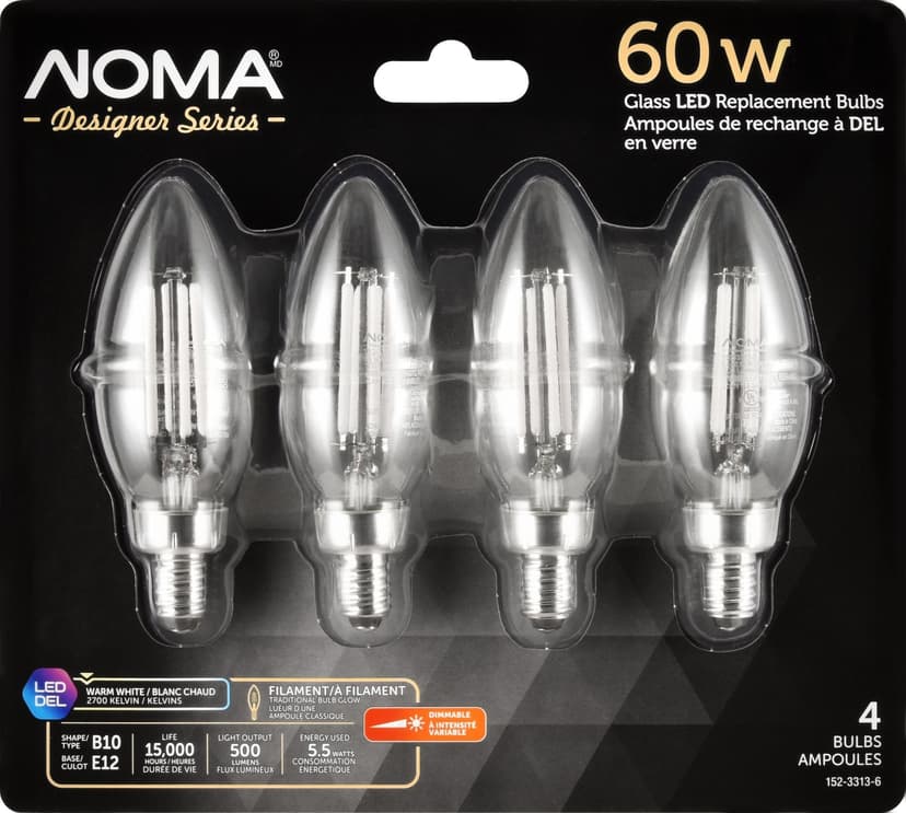 NOMA Designer Series 500 Lumens/60W/2700K Warm White B10 E12 Dimmable Glass LED Filament Light Bulb with Blunt Tip, 4-pk