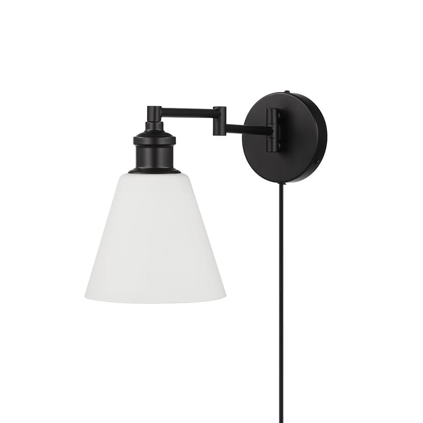 For Living Plug-In Wall Sconce with Glass Shade, Matte Black