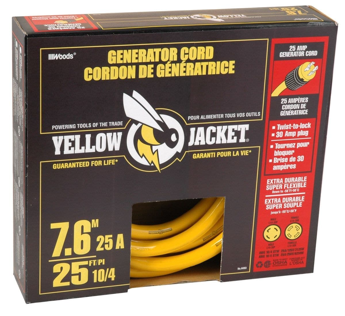 Yellow Jacket 25-ft 10/4 30 Amp Generator Extension Cord, Locking, Yellow