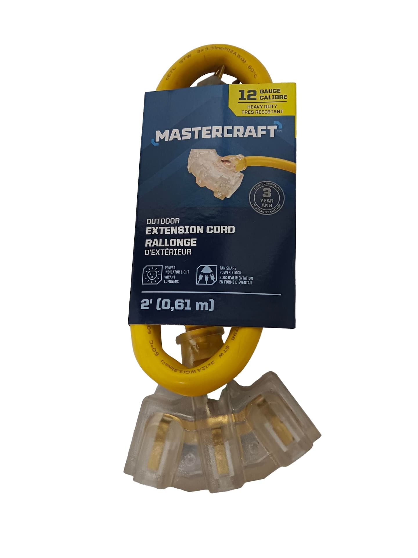 Mastercraft 2' 12/3 Outdoor Extension Cord with 3 Grounded Outlets and Lighted End, Yellow