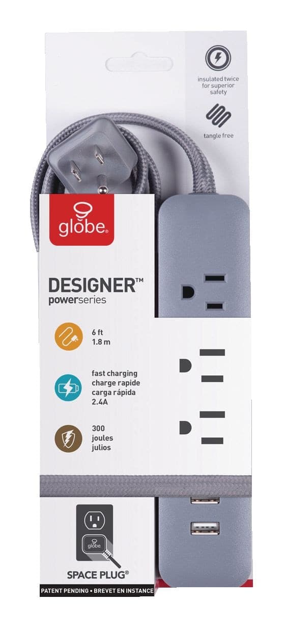 Globe Designer 3-Outlet and 2 USB Port Power Bar Surge Protector, 6-ft Cord, 300 Joules, Right Angle Plug, Grey