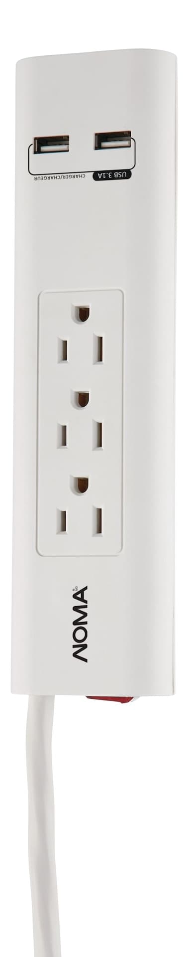 NOMA 3-Outlet and 2 USB Port Power Bar with Surge Protector, 450 Joules, 4-ft Cord, White
