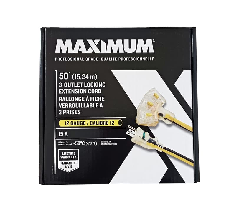 MAXIMUM 3-Outlet Locking Extension Cord, 50-ft, Yellow/Black