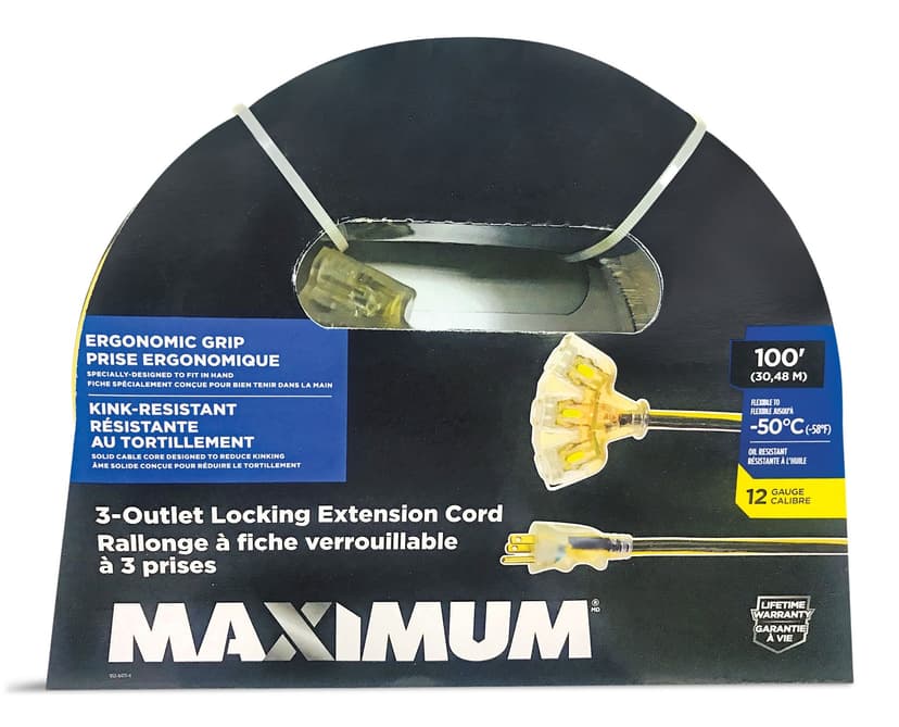 MAXIMUM 100-ft 12/3 Outdoor Extension Cord with 3 Grounded Outlets, Lighted End and Locking Connector, Yellow/Black