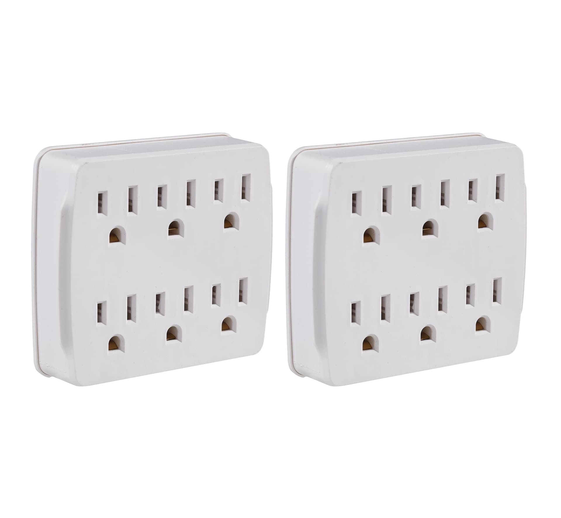 Certified 6-Outlet Extender Wall Tap, 2-pk, Grounded Adapter, 3-Prong, White