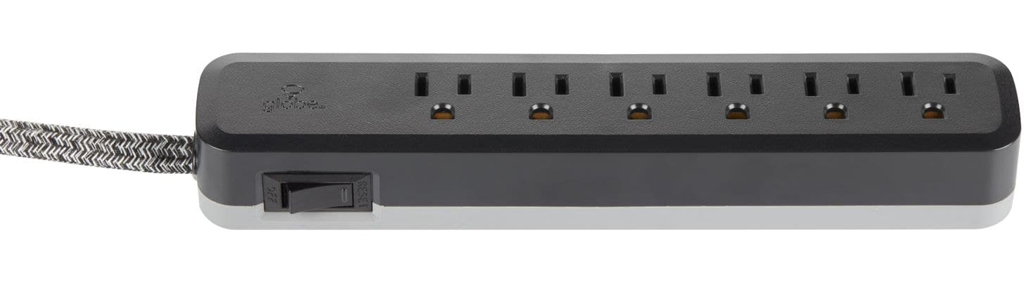 Globe 6-Outlet Power Bar with 6-ft Fabric Cord and Right Angle Plug, Black/Grey