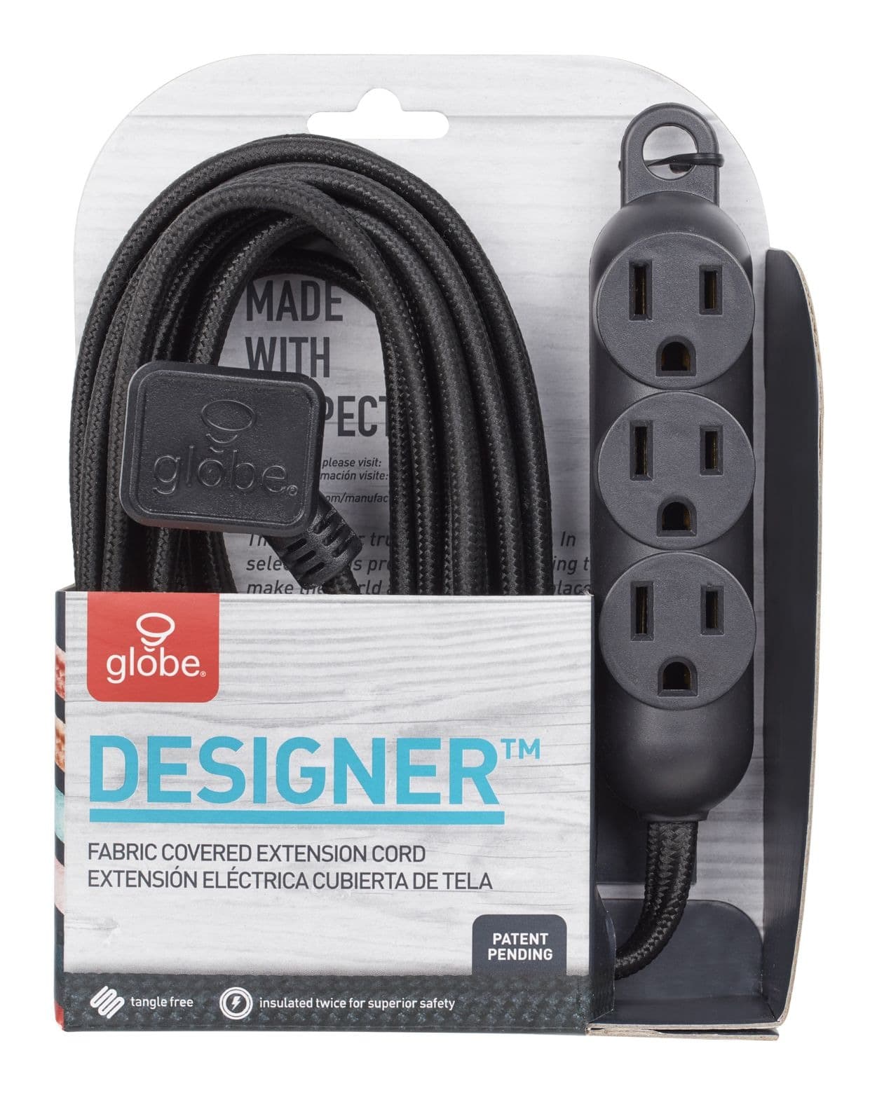 Globe 12-ft 16/3 Fabric Extension Cord, Right Angle Plug, 3 Outlets, Black