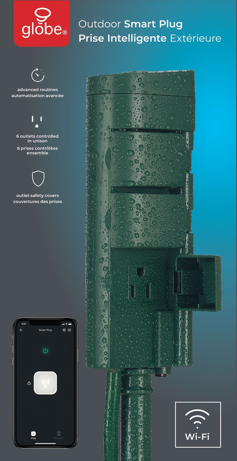 Globe 6-Outlet Outdoor wifi Power Stake with 5-ft Cord, Compatible with Alexa and Google Assistant, Green